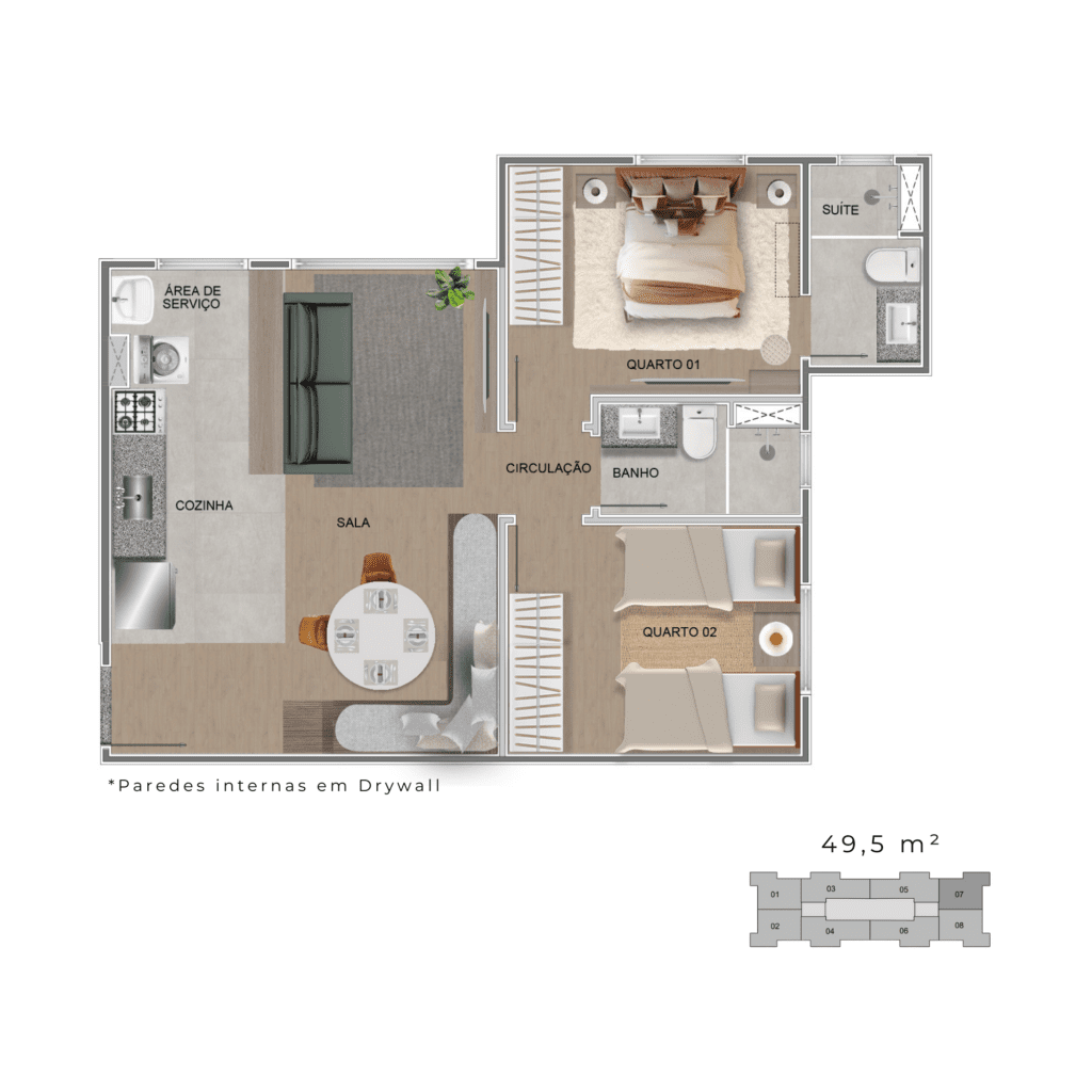 Planta Apartamento de 49,5 m²