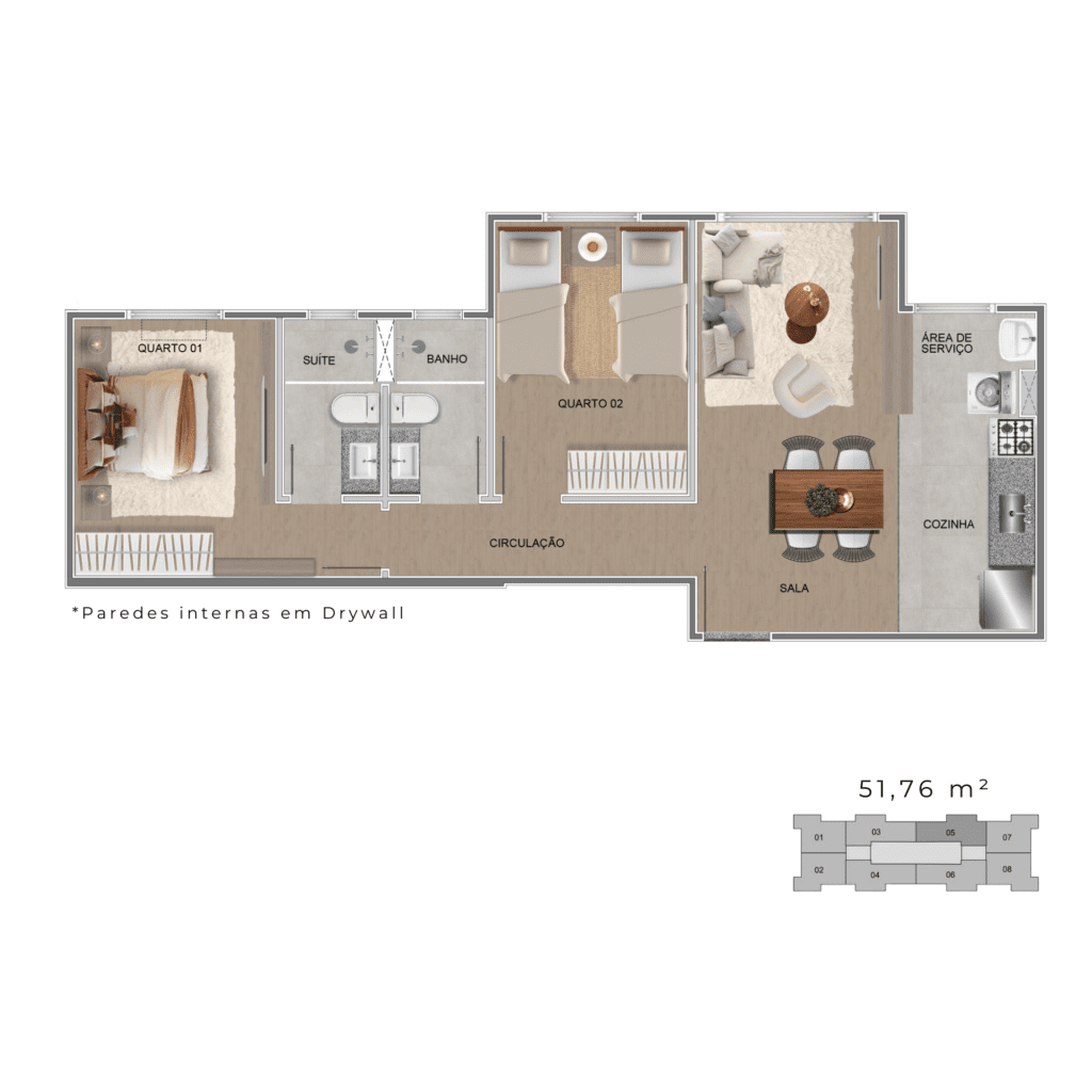 Planta Apartamento de 51,76 m²
