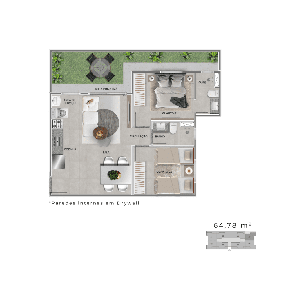 Planta Apartamento Garden de 64,78 m²