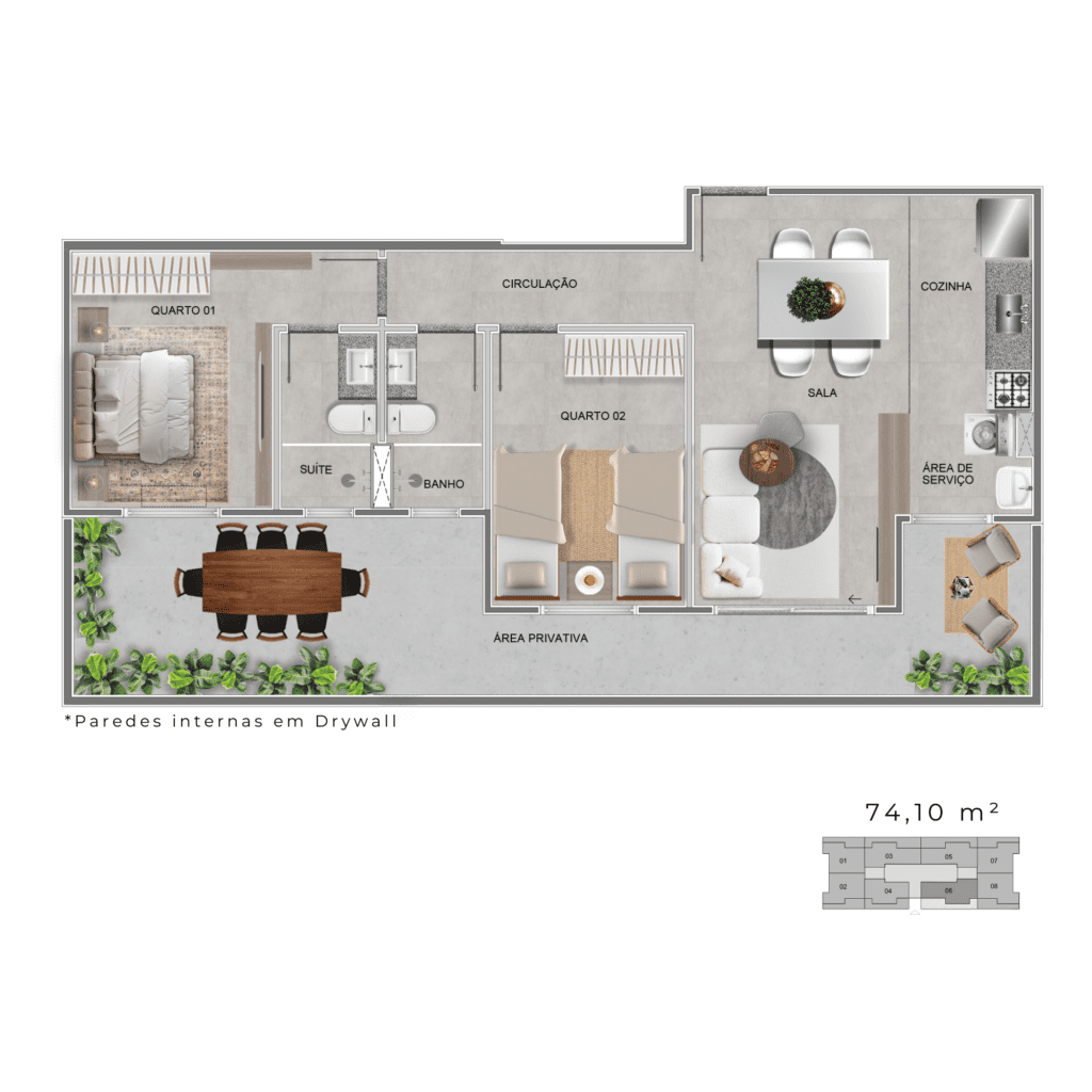 Planta Apartamento Garden de 74,10 m²