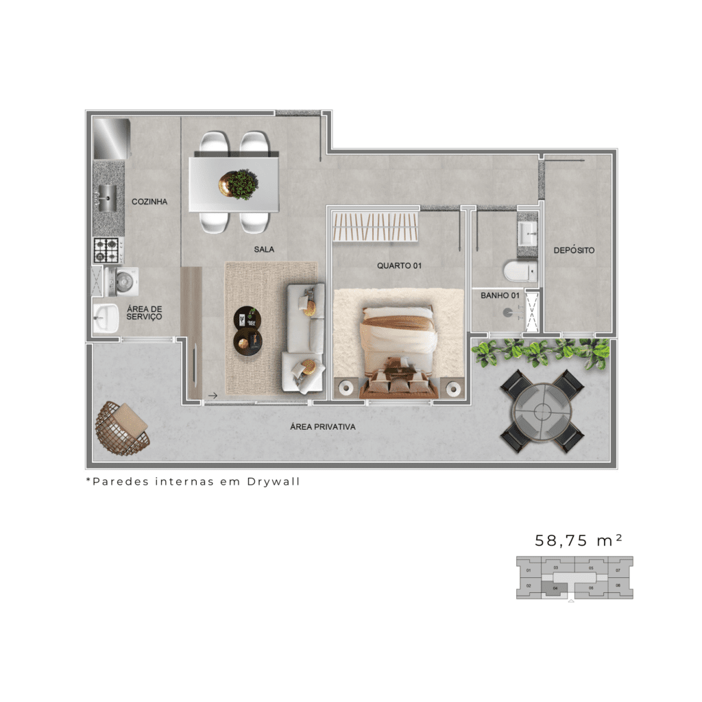 Planta Apartamento Garden de 58,75 m²