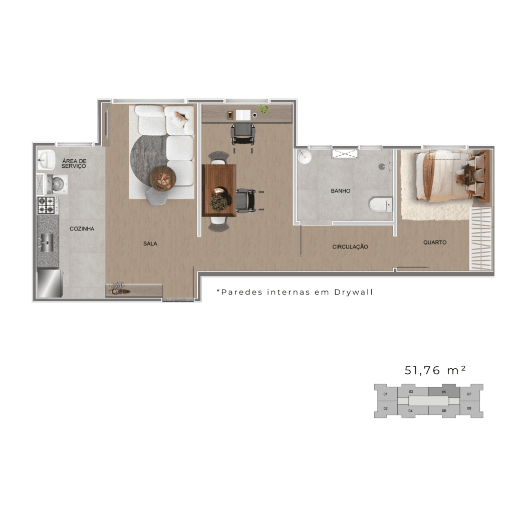 Planta Apartamento de 51,76 m²